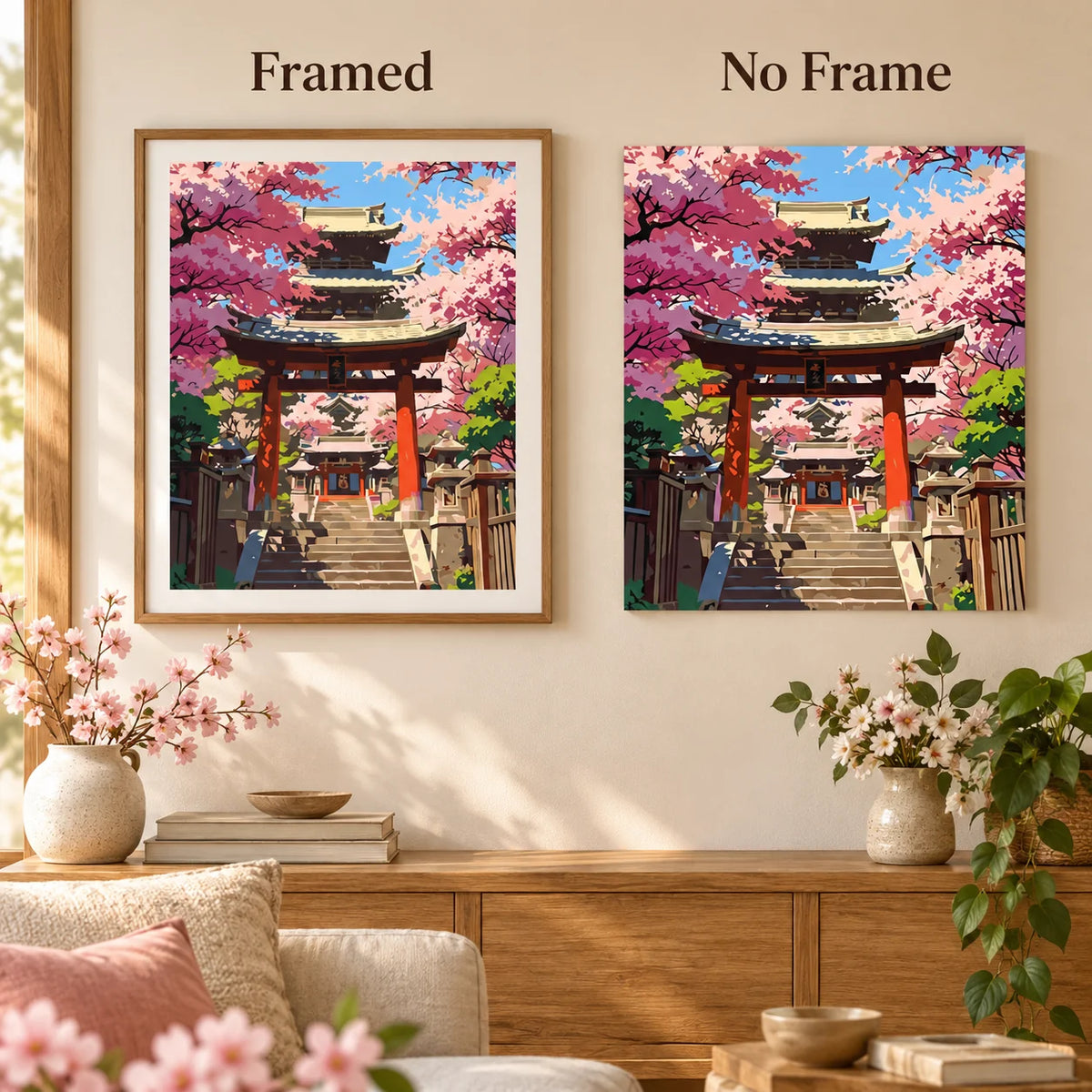 Framed and no-frame comparison for Path Through Cherry Blossoms Diamond Painting Kit