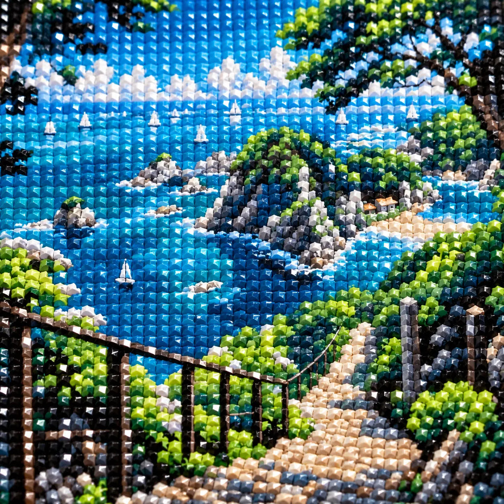 Close-up drill detail of the Path To Coastal View diamond painting