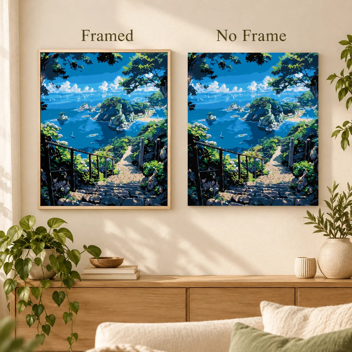 Path To Coastal View diamond painting shown framed and unframed