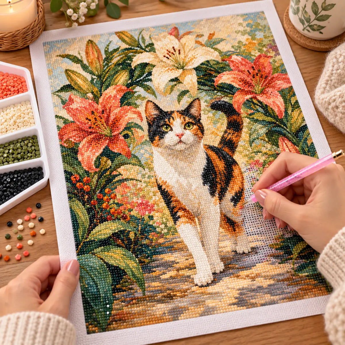 Diamond painting process for Pathway Of Lilies Diamond Painting Kit