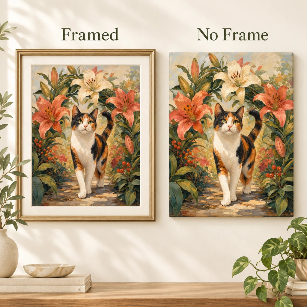 Framed and no-frame comparison for Pathway Of Lilies Diamond Painting Kit