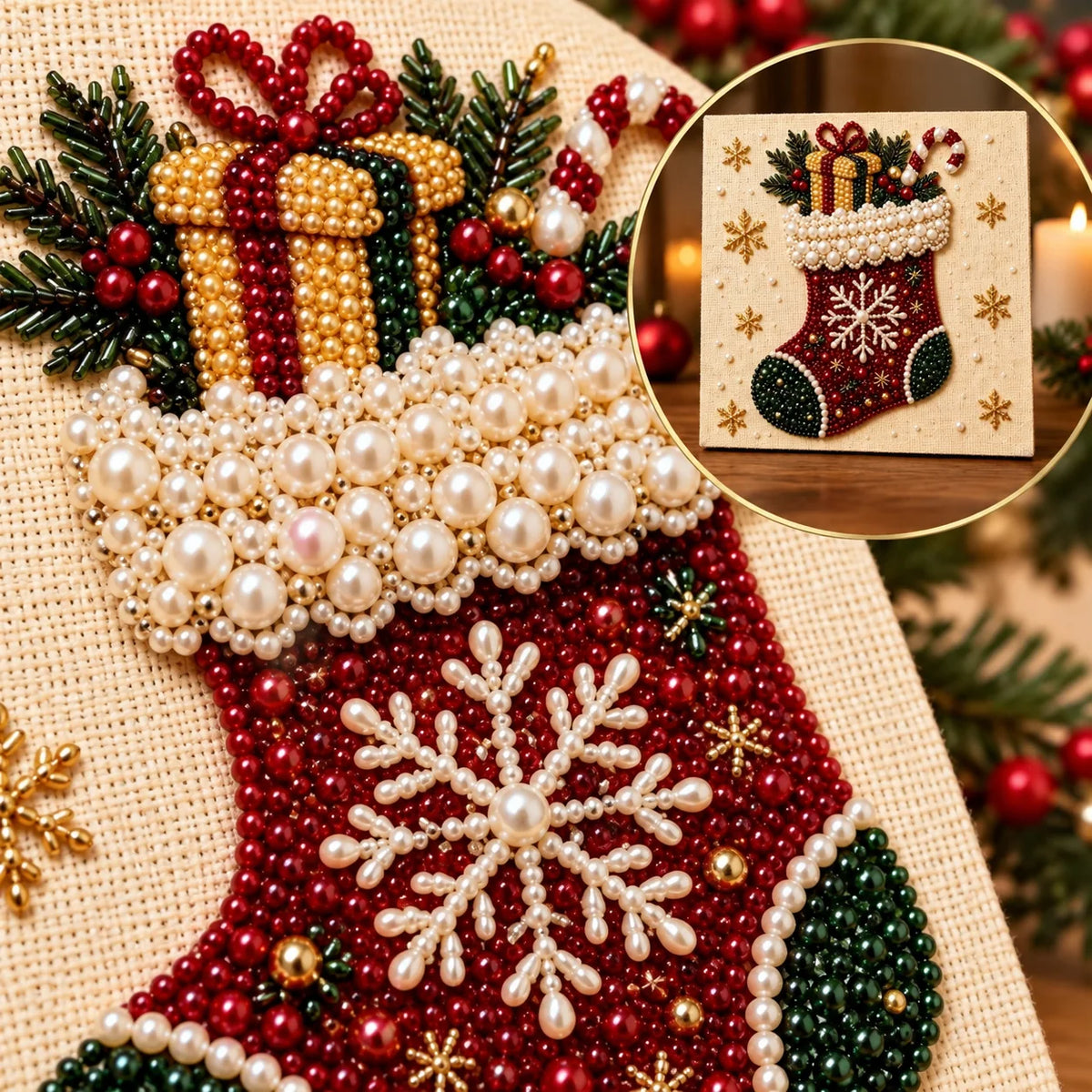 Macro detail of glossy pearl drills on the Christmas stocking artwork