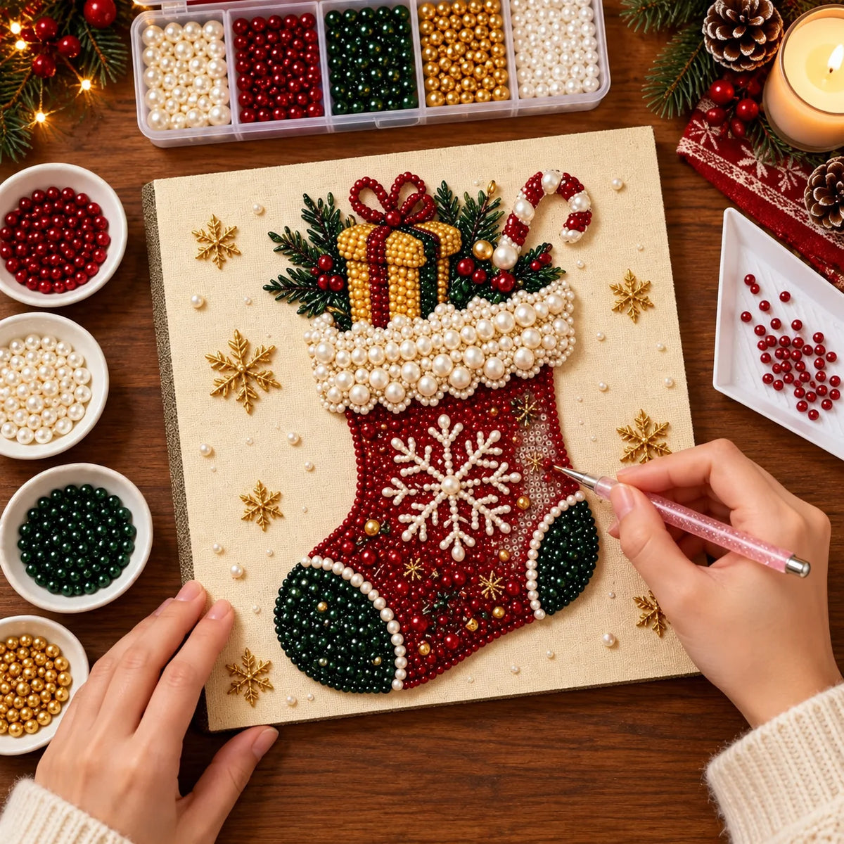 Hands creating the Christmas stocking pearl art with applicator and tray