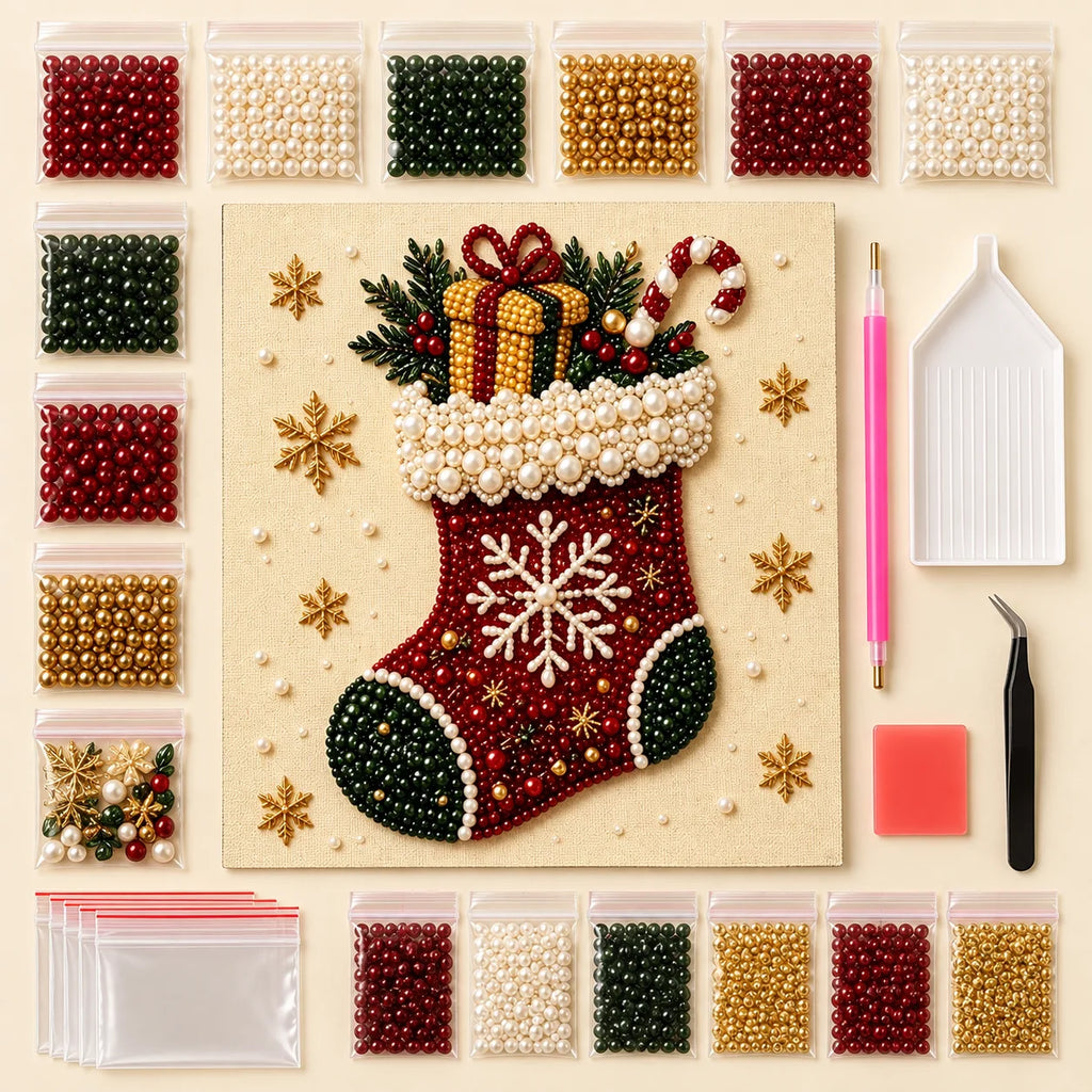 Complete Christmas stocking pearl art kit contents arranged on white