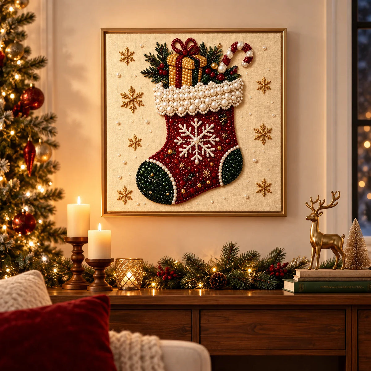 Framed Christmas stocking pearl art displayed in a holiday living room