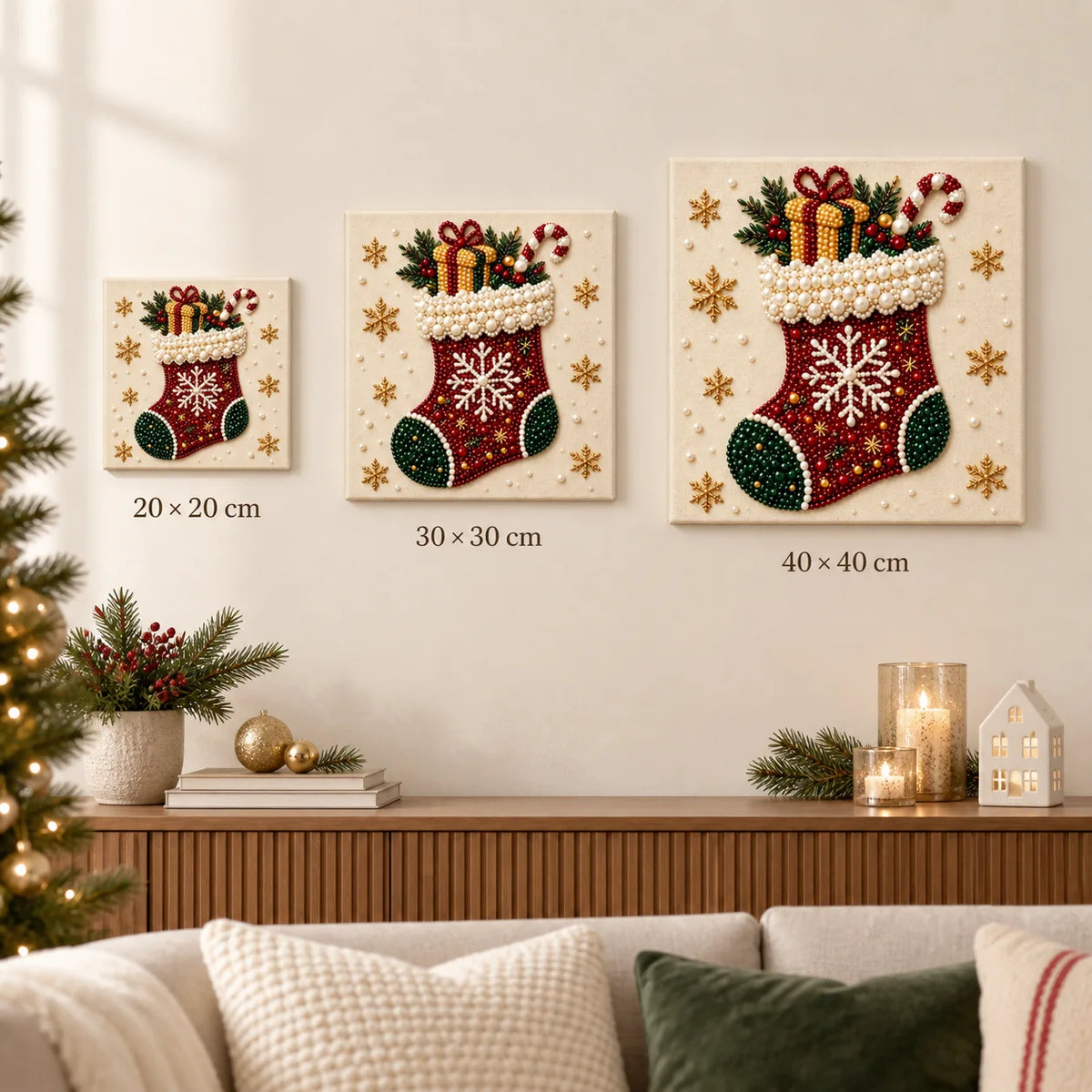 Christmas stocking pearl art in 20, 30 and 40 cm sizes displayed side by side