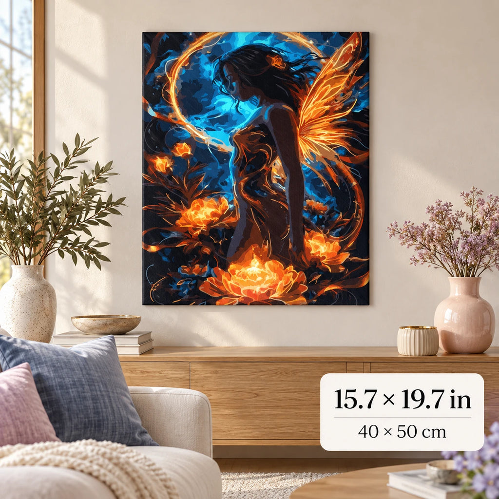 Fire and Water Fairy with Golden Wings shown in a styled room with 15.7 × 19.7 in and 40 × 50 cm dimensions