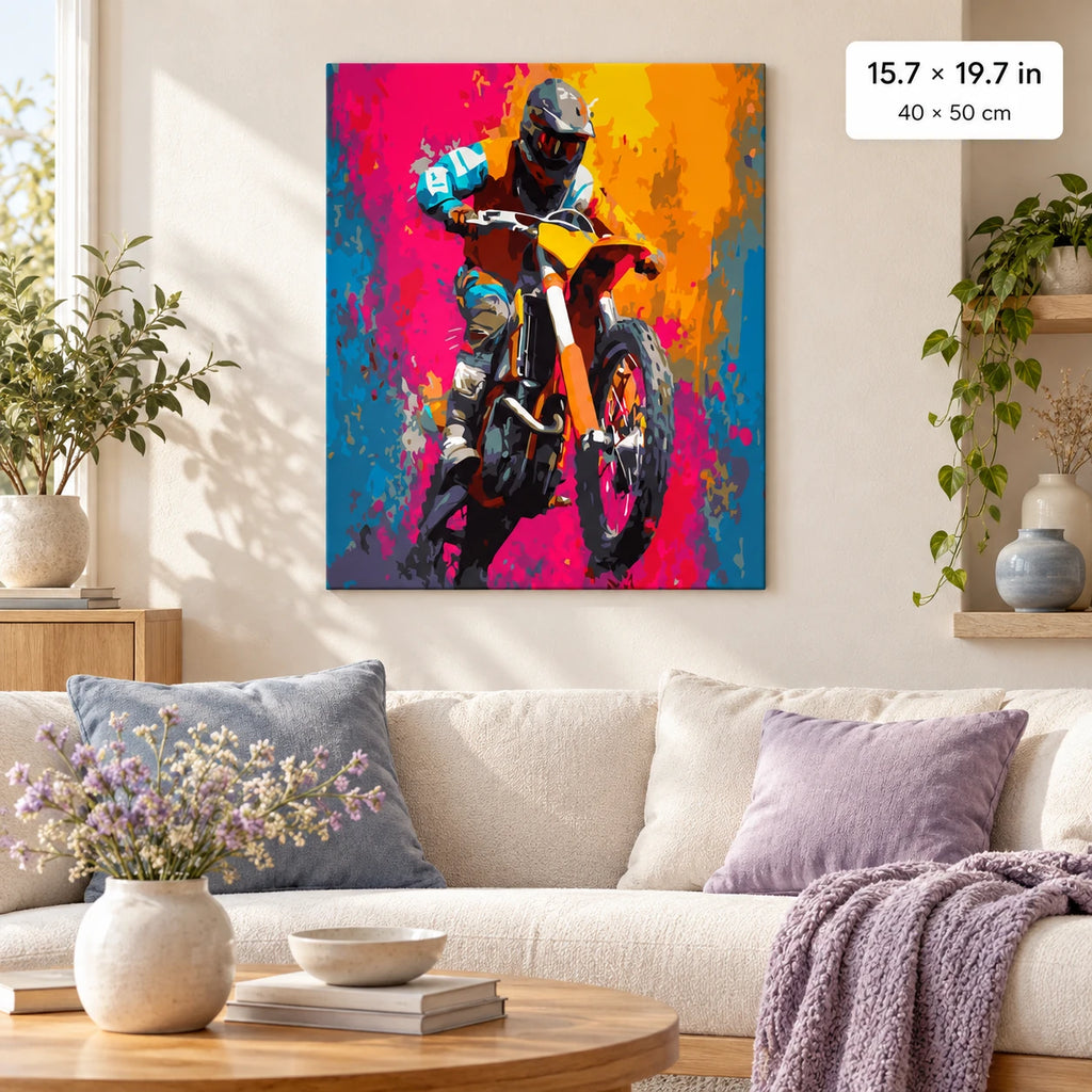 Colorful Motocross Rider shown in a styled room with 15.7 × 19.7 in and 40 × 50 cm dimensions