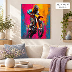 Colorful Motocross Rider shown in a styled room with 15.7 × 19.7 in and 40 × 50 cm dimensions