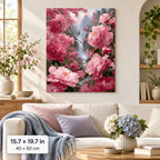Pink Peony Waterfall Garden shown in a styled room with 15.7 × 19.7 in and 40 × 50 cm dimensions