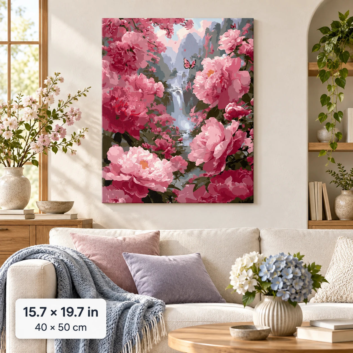 Pink Peony Waterfall Garden shown in a styled room with 15.7 × 19.7 in and 40 × 50 cm dimensions