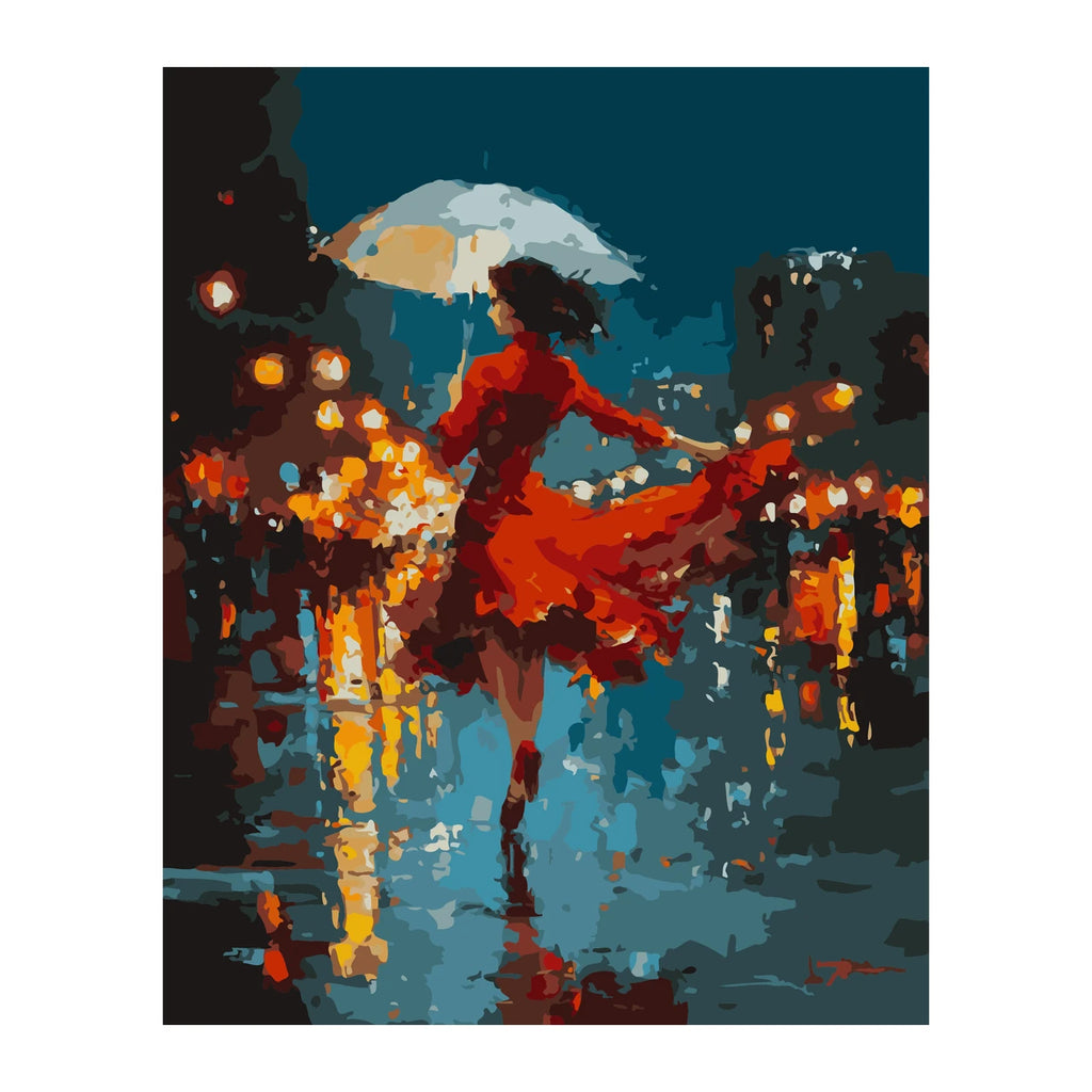Red Dress Dancer in the Rain completed artwork on a clean white background