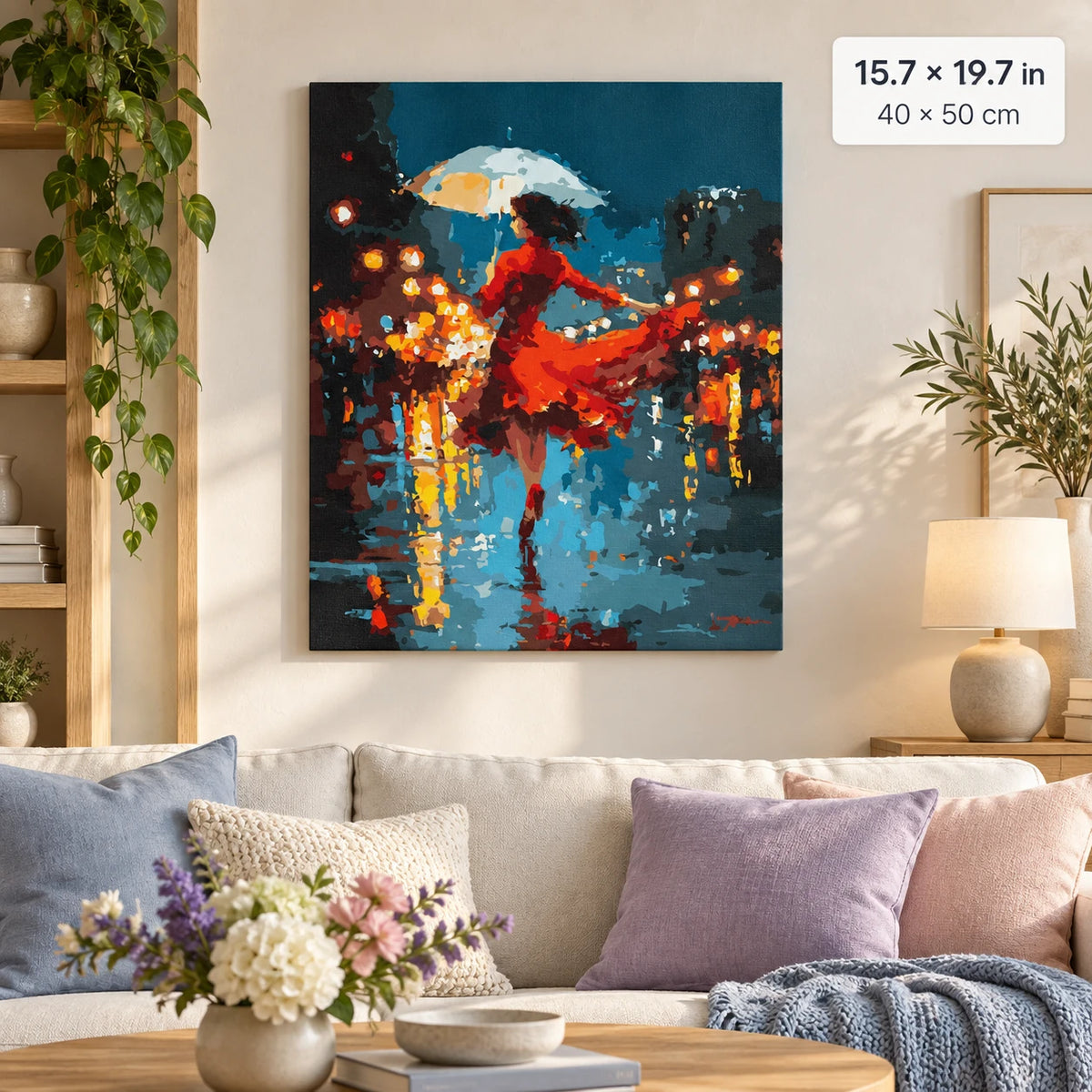 Red Dress Dancer in the Rain shown in a styled room with 15.7 × 19.7 in and 40 × 50 cm dimensions
