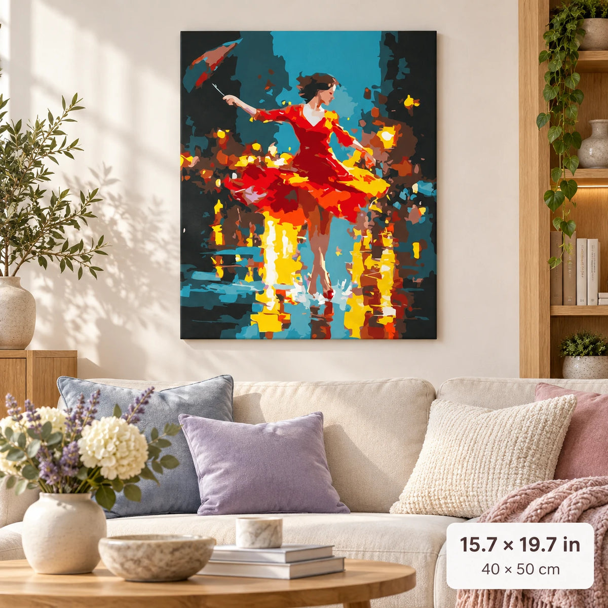 Flamenco Dancer Reflections shown in a styled room with 15.7 × 19.7 in and 40 × 50 cm dimensions