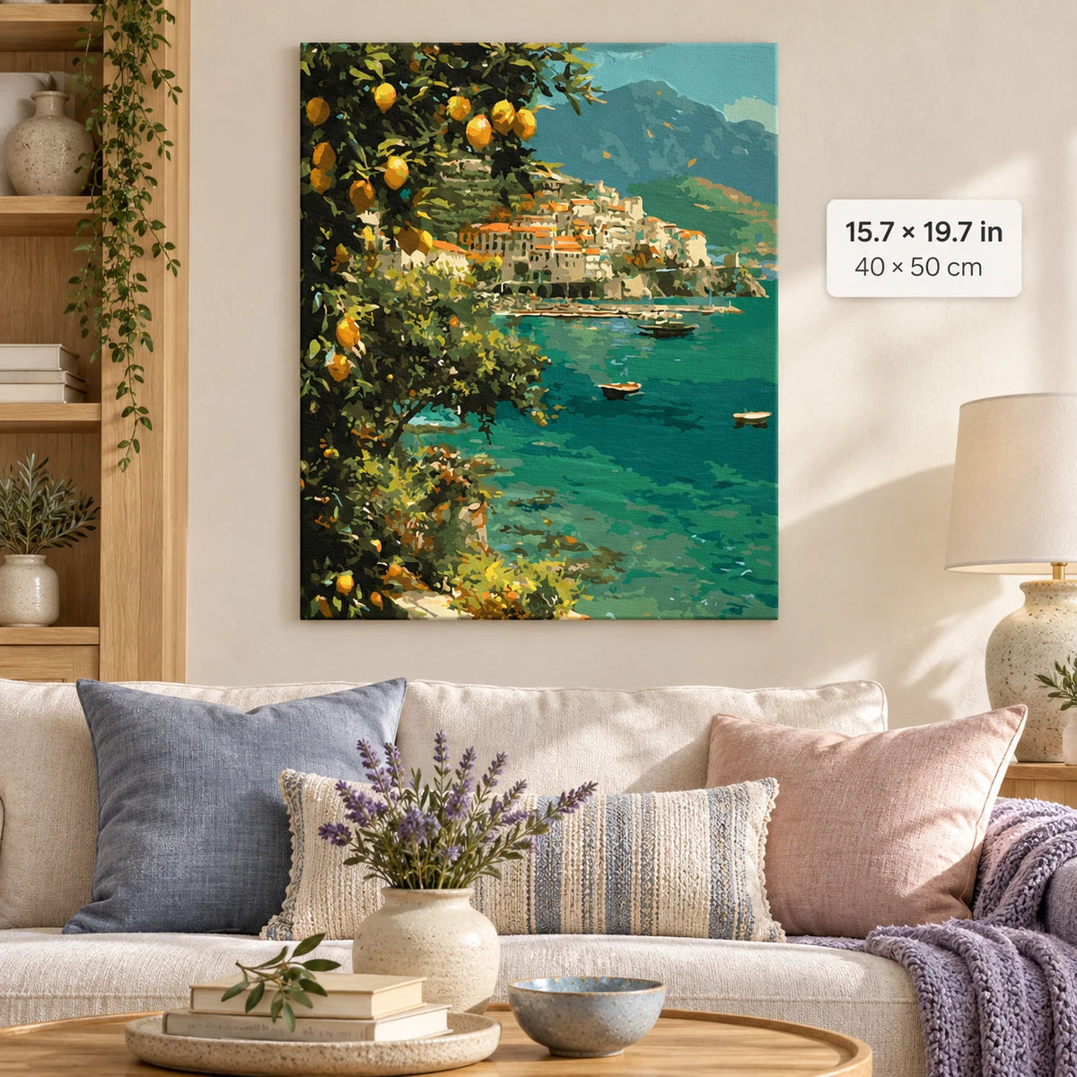 Amalfi Lemon Coast shown in a styled room with 15.7 × 19.7 in and 40 × 50 cm dimensions