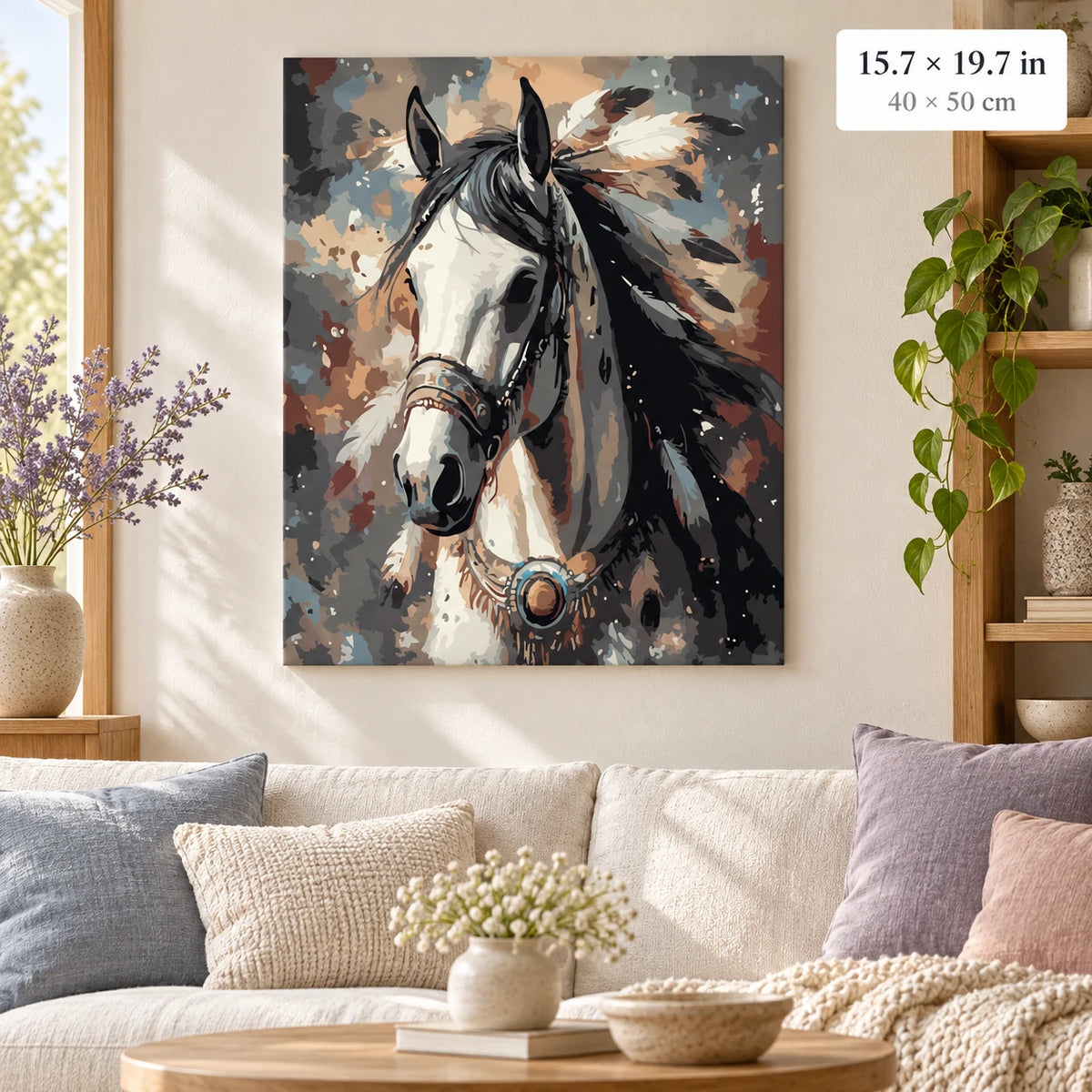 White Horse Portrait shown in a styled room with 15.7 × 19.7 in and 40 × 50 cm dimensions