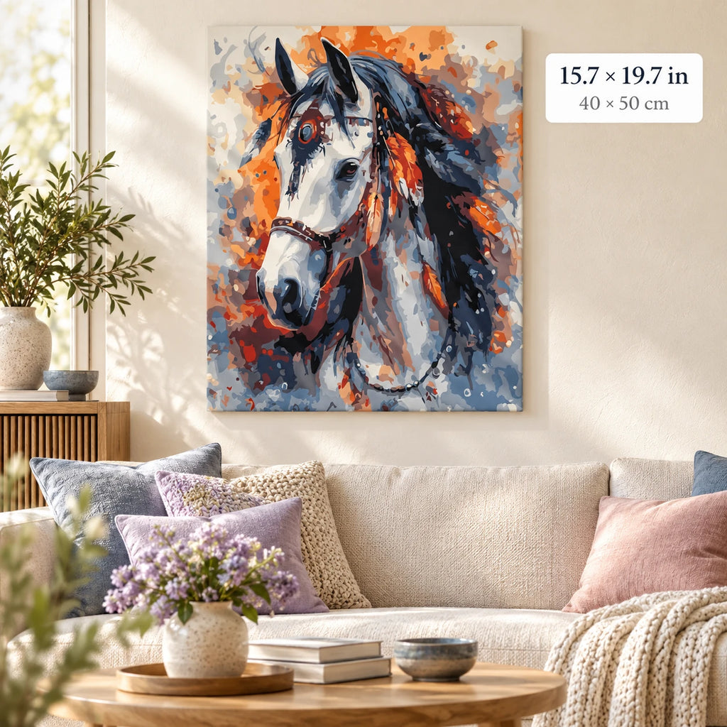 Colorful White Horse Portrait shown in a styled room with 15.7 × 19.7 in and 40 × 50 cm dimensions