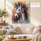 Colorful White Horse Portrait shown in a styled room with 15.7 × 19.7 in and 40 × 50 cm dimensions