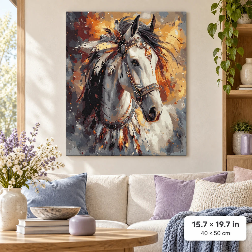 Two Horses in Autumn shown in a styled room with 15.7 × 19.7 in and 40 × 50 cm dimensions