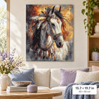 Two Horses in Autumn shown in a styled room with 15.7 × 19.7 in and 40 × 50 cm dimensions