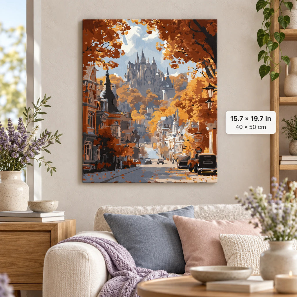 Autumn Castle Street shown in a styled room with 15.7 × 19.7 in and 40 × 50 cm dimensions