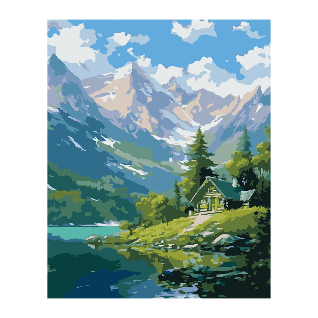 Alpine Cabin by Mountain Lake completed artwork on a clean white background