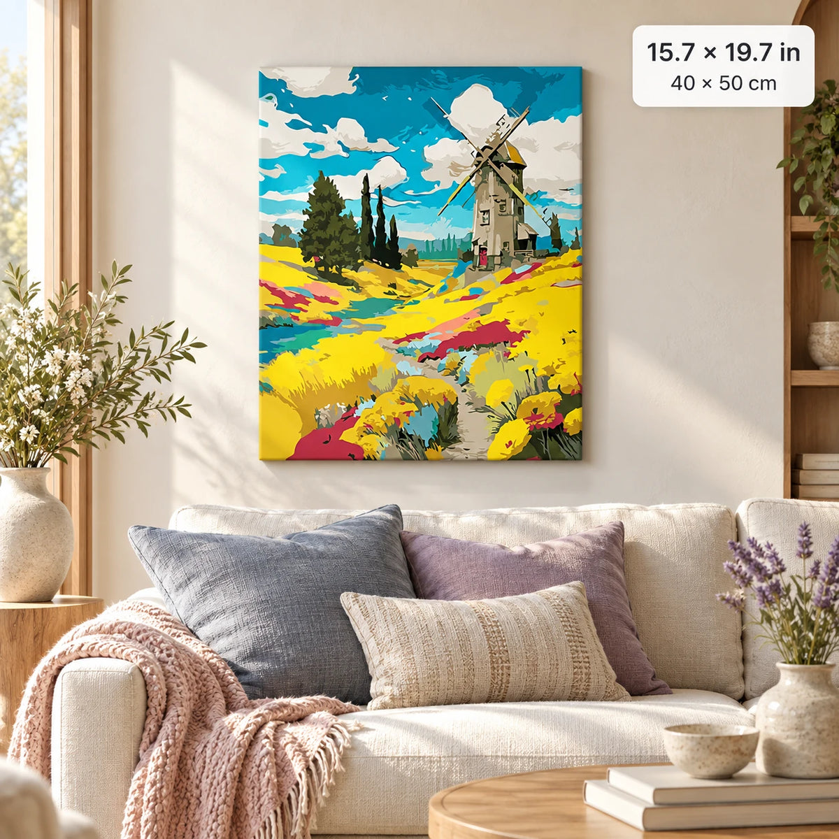 Windmill in Wildflower Field shown in a styled room with 15.7 × 19.7 in and 40 × 50 cm dimensions