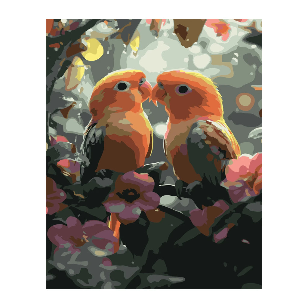 Lovebirds Among Flowers completed artwork on a clean white background