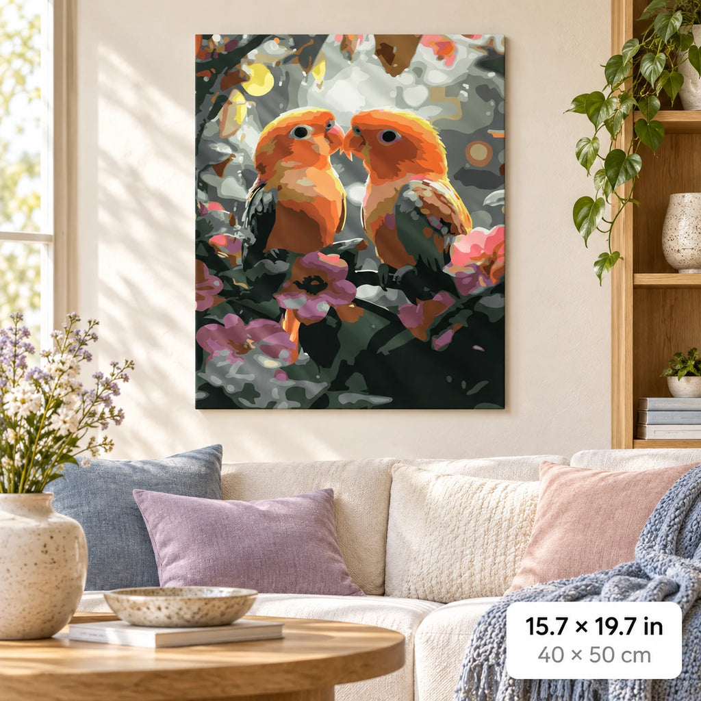Lovebirds Among Flowers shown in a styled room with 15.7 × 19.7 in and 40 × 50 cm dimensions