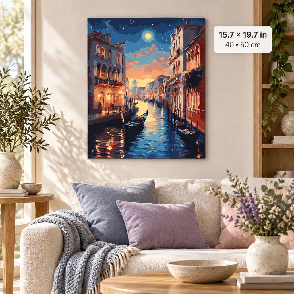 Venice Canal at Sunset shown in a styled room with 15.7 × 19.7 in and 40 × 50 cm dimensions
