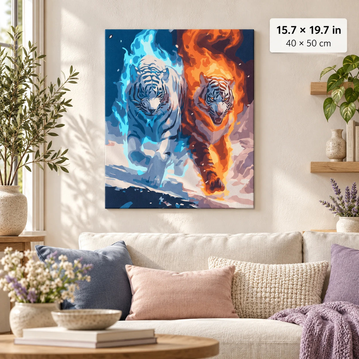 Ice and Fire Tigers shown in a styled room with 15.7 × 19.7 in and 40 × 50 cm dimensions