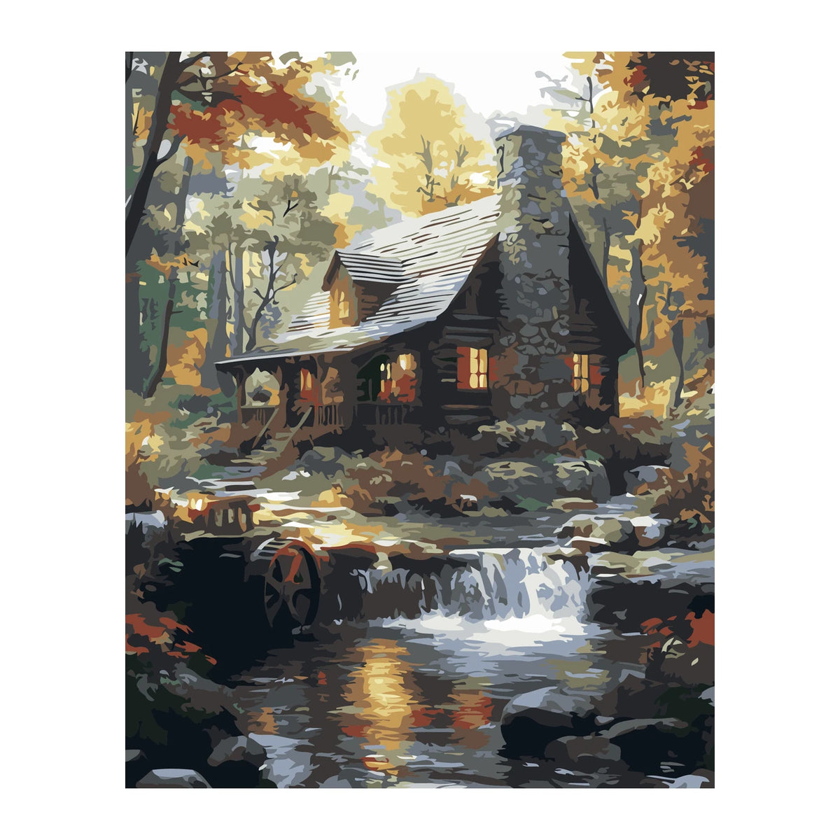 Autumn Cabin by Waterfall completed artwork on a clean white background