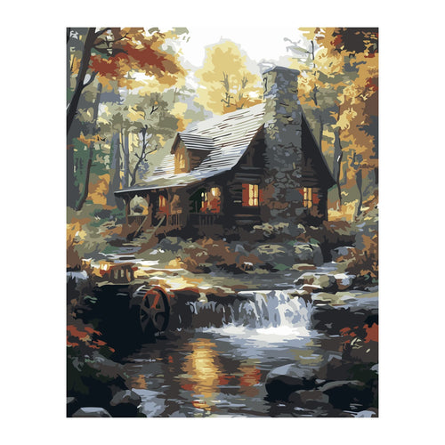 Autumn Cabin by Waterfall completed artwork on a clean white background
