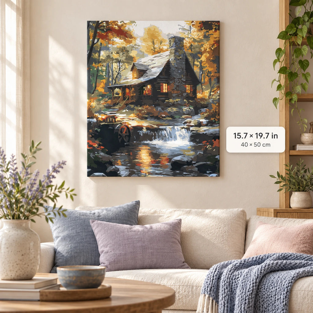 Autumn Cabin by Waterfall shown in a styled room with 15.7 × 19.7 in and 40 × 50 cm dimensions