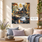 Autumn Cabin by Waterfall shown in a styled room with 15.7 × 19.7 in and 40 × 50 cm dimensions