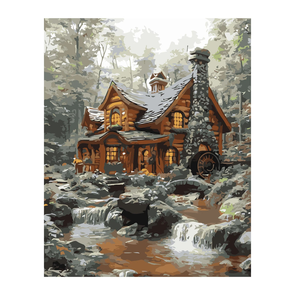 Winter Log Cabin by Stream completed artwork on a clean white background