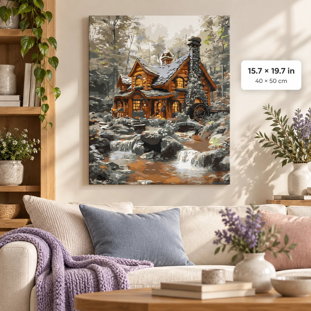 Winter Log Cabin by Stream shown in a styled room with 15.7 × 19.7 in and 40 × 50 cm dimensions