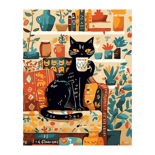 Black Cat in Cozy Kitchen completed artwork on a clean white background