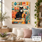 Black Cat in Cozy Kitchen shown in a styled room with 15.7 × 19.7 in and 40 × 50 cm dimensions
