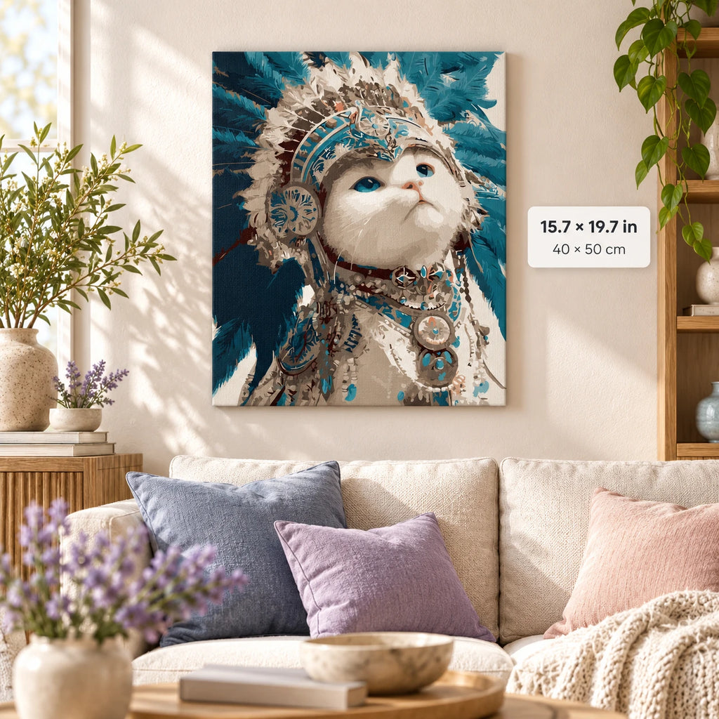 Bohemian White Cat Portrait shown in a styled room with 15.7 × 19.7 in and 40 × 50 cm dimensions