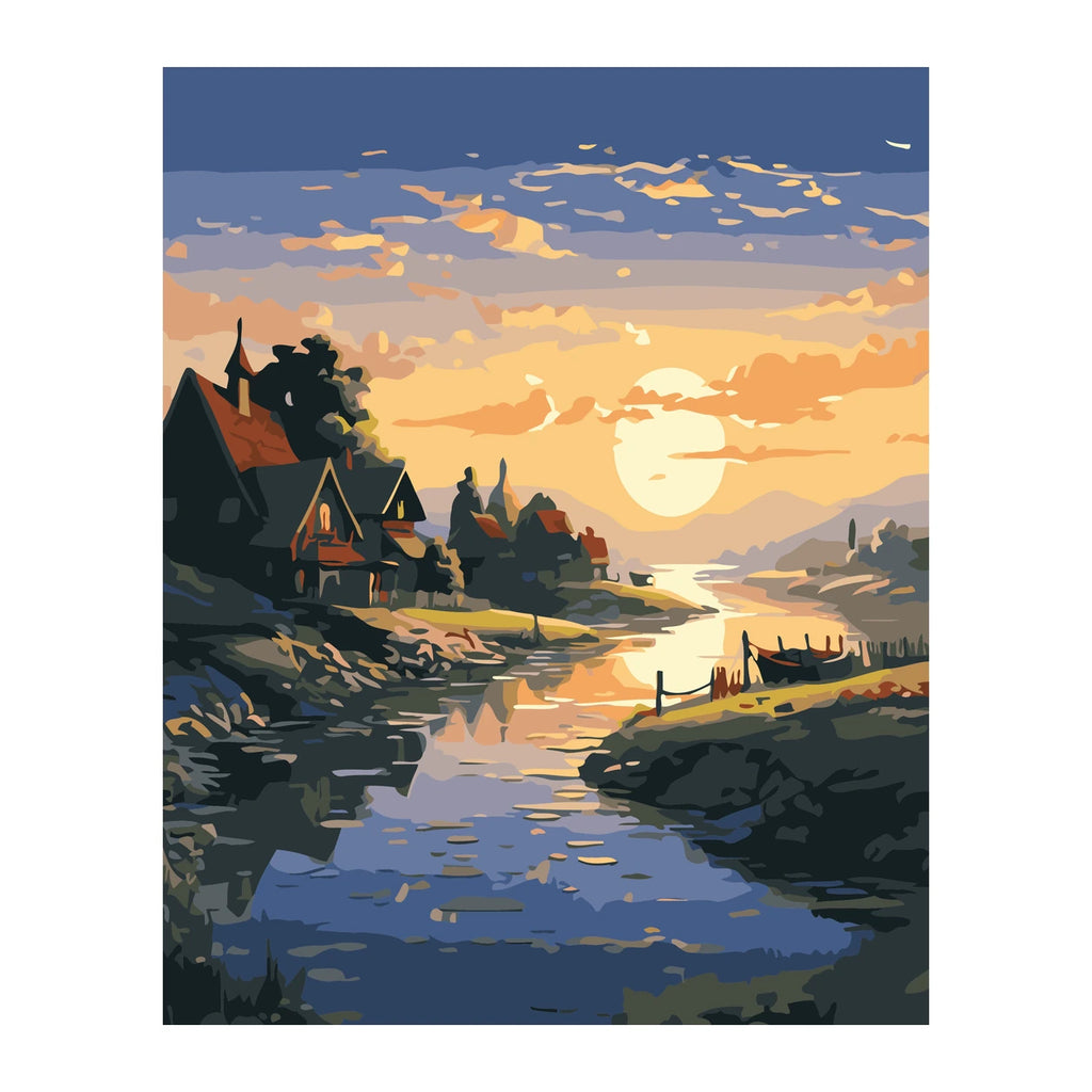 Sunset Village by the River completed artwork on a clean white background