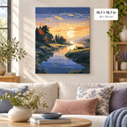 Sunset Village by the River shown in a styled room with 15.7 × 19.7 in and 40 × 50 cm dimensions