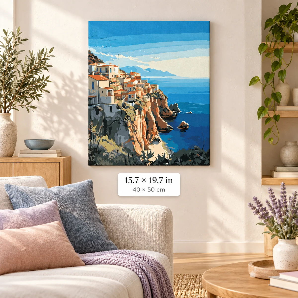 Mediterranean Cliffside Village shown in a styled room with 15.7 × 19.7 in and 40 × 50 cm dimensions