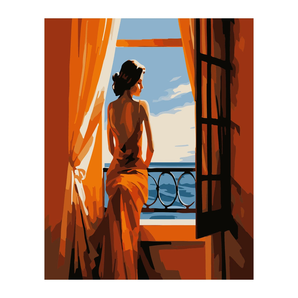 Woman at Sunset Balcony completed artwork on a clean white background