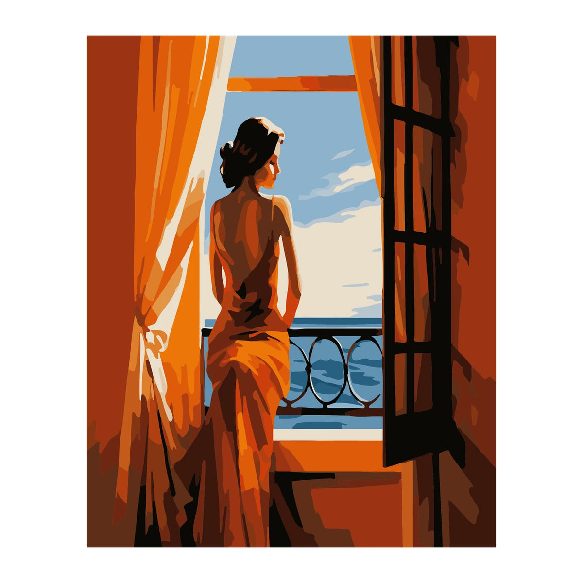 Woman at Sunset Balcony completed artwork on a clean white background
