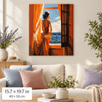 Woman at Sunset Balcony shown in a styled room with 15.7 × 19.7 in and 40 × 50 cm dimensions