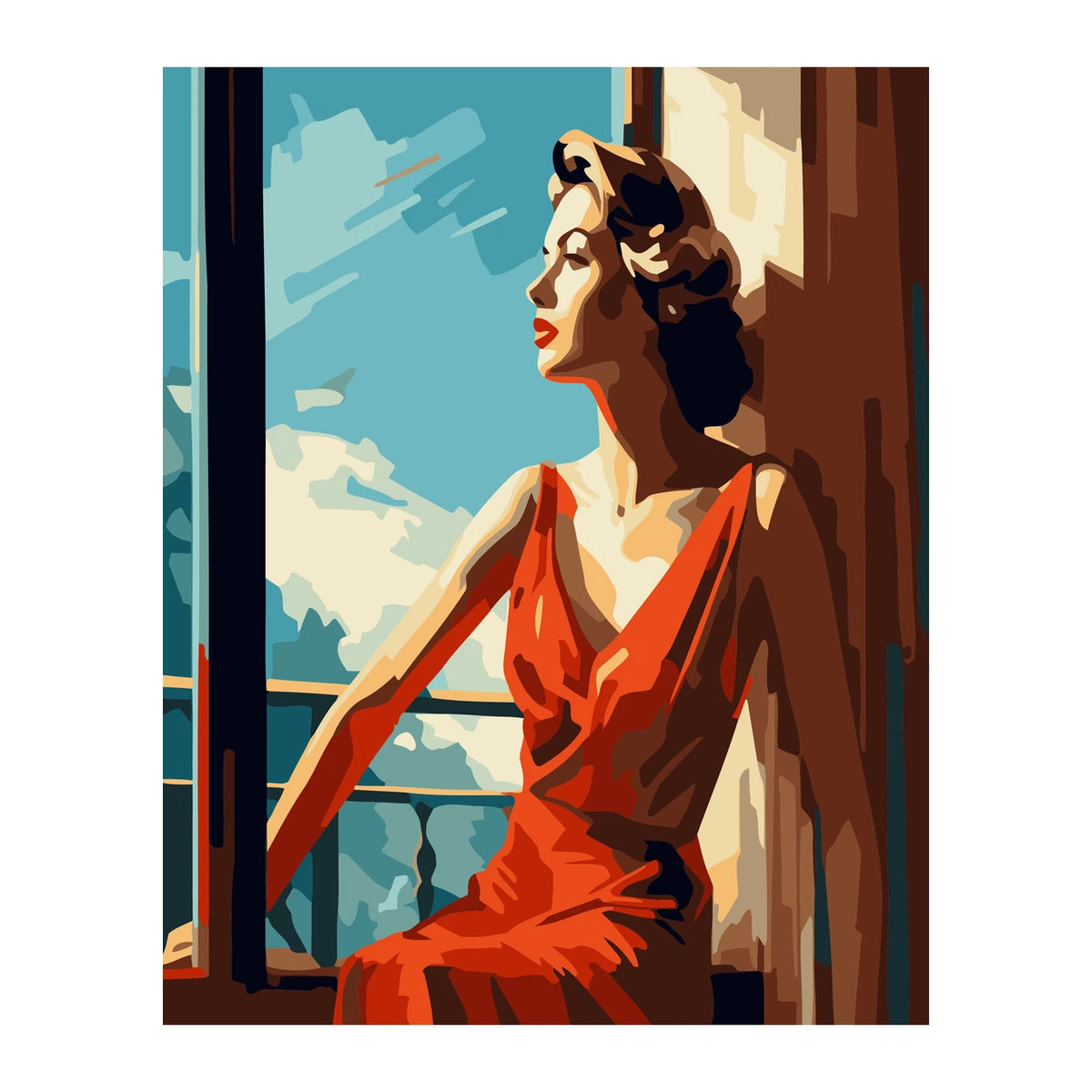 Woman in Red Dress by the Sea completed artwork on a clean white background