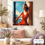 Woman in Red Dress by the Sea shown in a styled room with 15.7 × 19.7 in and 40 × 50 cm dimensions