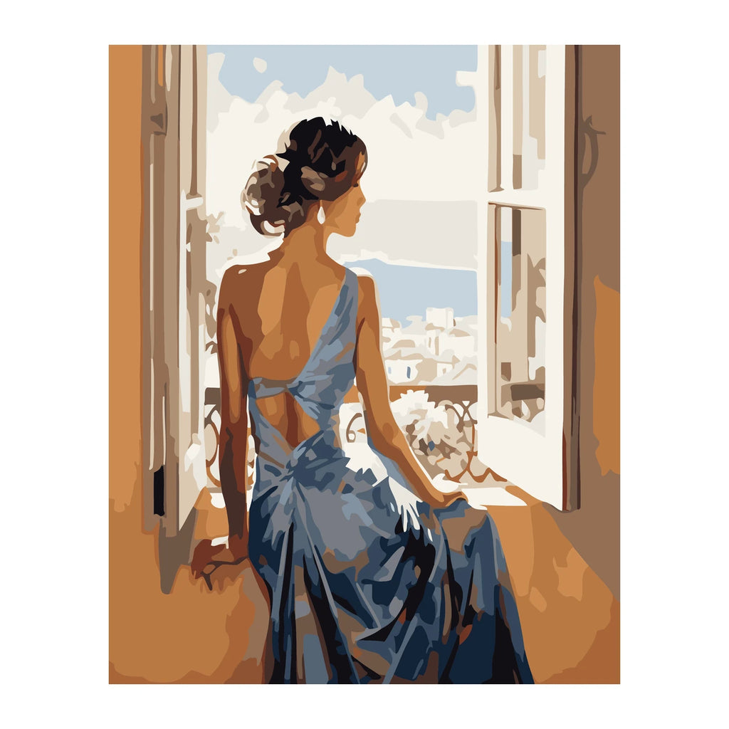 Woman in Blue Dress at Window completed artwork on a clean white background