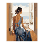 Woman in Blue Dress at Window completed artwork on a clean white background